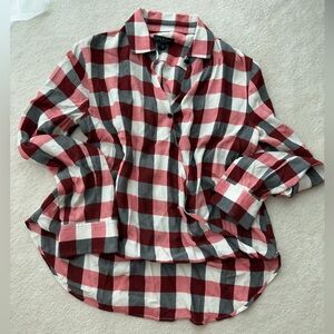 Rag & Bone Red, White, Grey Checkered Plaid Asymmetrical Blouse Shirt